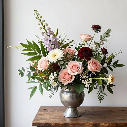 Photograph of a floral arrangement in a silver vase, featuring pink roses, white daisies, purple flowers, and green foliage, on a wooden