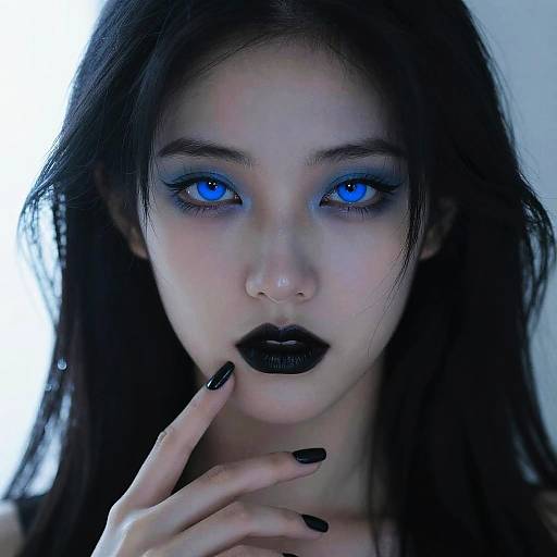 Photograph of a pale-skinned woman with striking blue eyes, black lipstick, and dark nails, gazing intensely with hand near mouth.