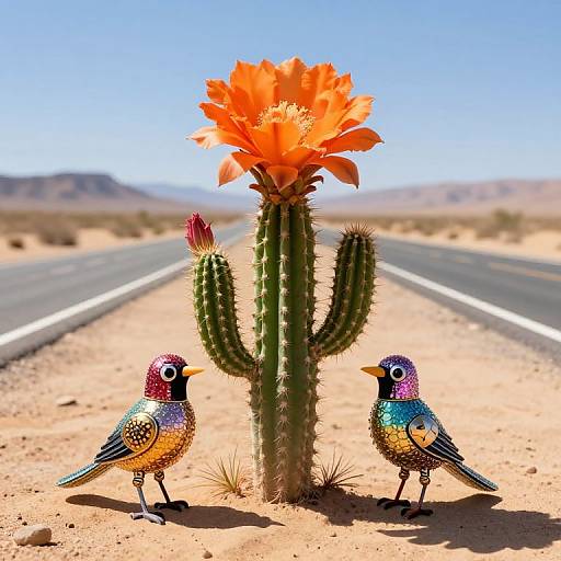 Photograph of two colorful, iridescent birds standing on either side of a bright orange cactus flower in a desert, with a straight road stretching