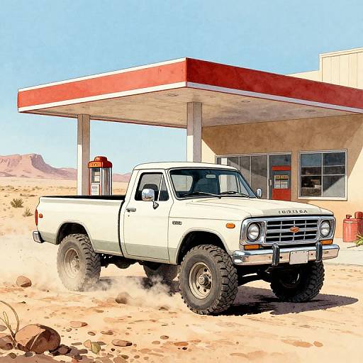 Digital illustration of a rugged white Ford F-150 pickup truck with large tires, parked at a desert gas station with a red canopy. Dust clouds beneath