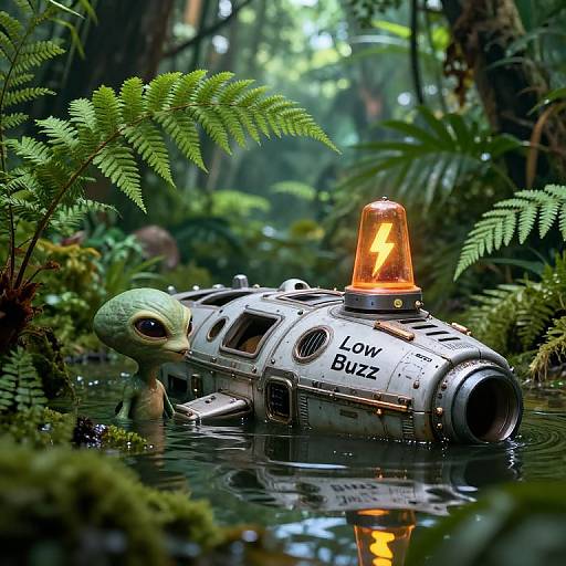 Curious Alien in Jungle Spaceship Wreck