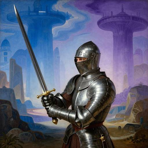 Digital illustration of a shiny black armored knight holding a sword, standing in a futuristic, rain-filled landscape with floating cities.