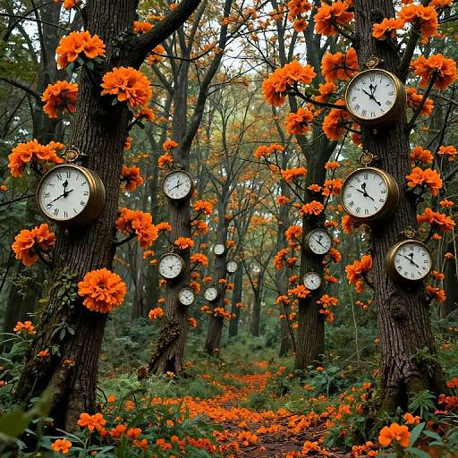 Photograph of a forest with tall trees adorned with vibrant orange flowers, each tree also having a round clock face showing different times, creating a surreal,