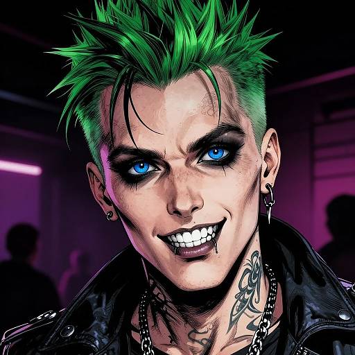 Digital artwork of a punk-rock man with bright green spiky hair, blue eyes, black makeup, tattoos, and a mischievous grin, wearing