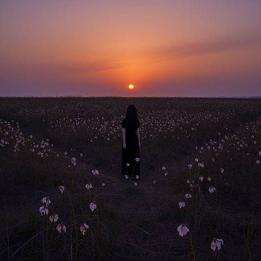 Silhouetted figure stands in dark field of white flowers, facing vibrant orange sunset; photograph with rich, purple-lit twilight sky.