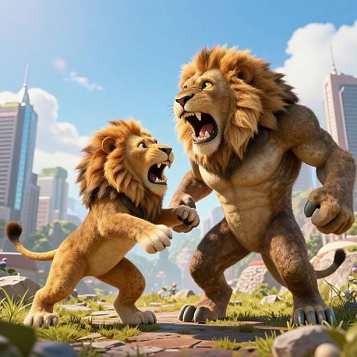 CGI image of a fierce, muscular, anthropomorphic lion and a smaller lion cub fighting in a city park with skyscrapers.