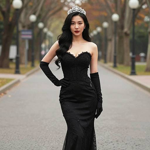 Photograph of an Asian woman with long black hair, wearing a black strapless gown, black gloves, and a silver tiara, standing on a