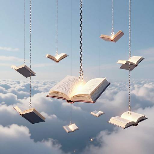 Floating open books suspended by chains against a bright blue sky with fluffy white clouds, creating a whimsical, dreamlike scene.