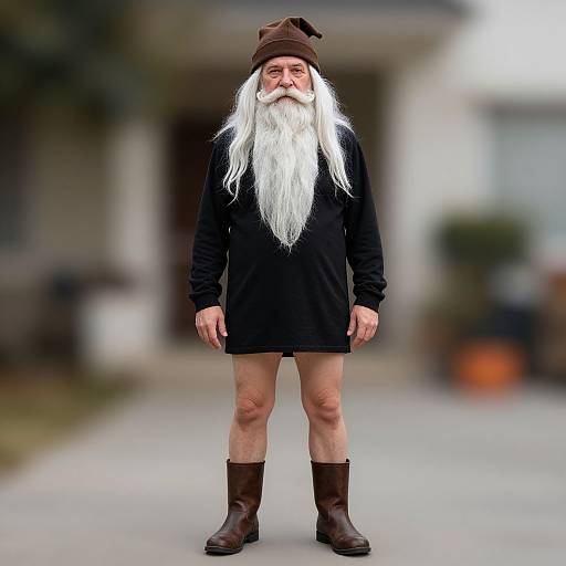 Photograph of an elderly man with a long white beard, wearing a brown hat, black tunic, and brown boots, standing on a blurred suburban