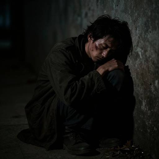 Photograph of a disheveled, bruised man with dark hair, wearing a black jacket, huddled and crying against a grimy, dark