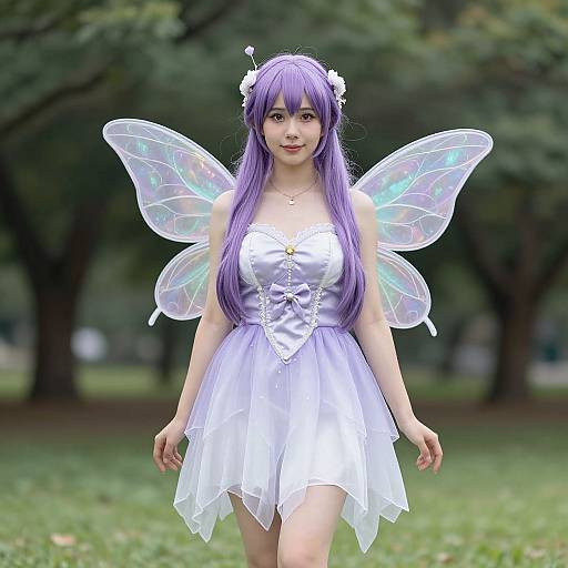 Photograph of a young Asian woman with long purple hair, white fairy dress, iridescent wings, and flower hairpiece, standing in a green
