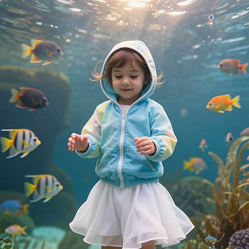 Photograph of a young Asian girl with brown hair in a blue and white hooded jacket, underwater, surrounded by colorful fish, coral, and sunlight