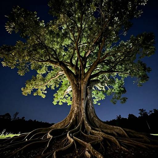 Photograph of a large, illuminated tree at night, with vibrant green leaves and exposed, intricate roots against a dark blue sky.