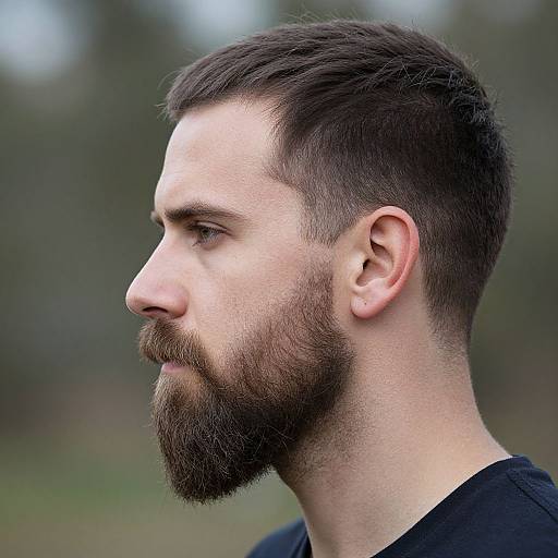Close-up photograph of a bearded, fair-skinned man with short, dark brown hair, viewed in profile, wearing a black shirt, against a