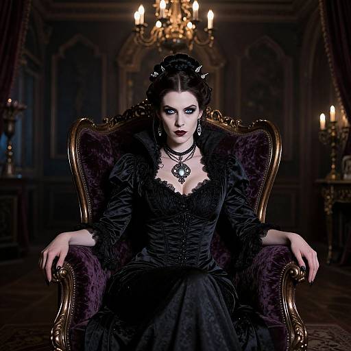 Gothic woman with pale skin and black lace dress, sitting in ornate purple chair, dark room, chandelier lights, intense gaze.
