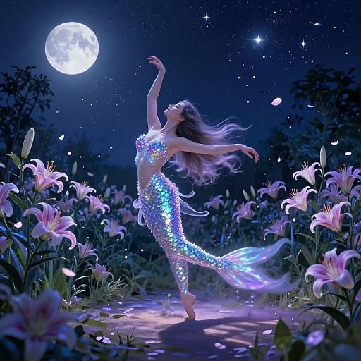 Digital art of a mermaid-like woman in a shimmering, iridescent dress, dancing under a full moon in a starry night garden filled