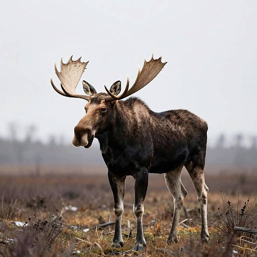 Photograph of a large, dark-brown moose with prominent, wide antlers standing in a barren, grassy field under a bright, over