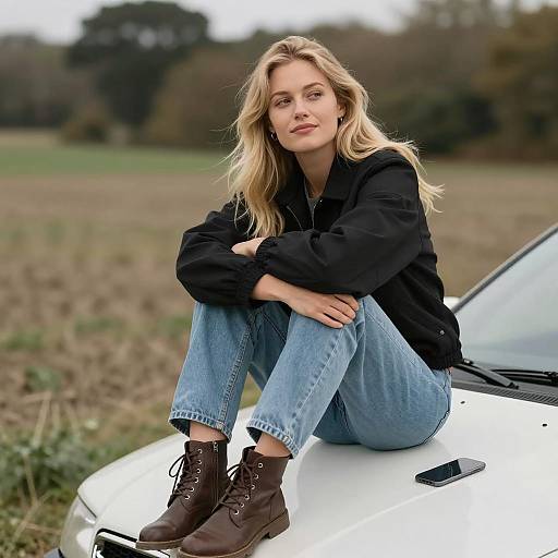 Blonde Woman Sitting on Car Hood Outdoors