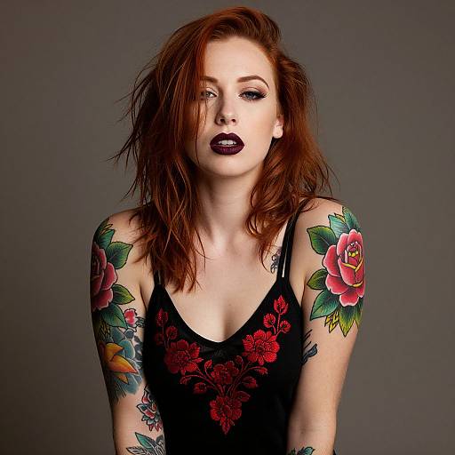 Photograph of a pale-skinned, red-haired woman with dark lipstick, wearing a black tank top adorned with red floral tattoos on her shoulders and arms