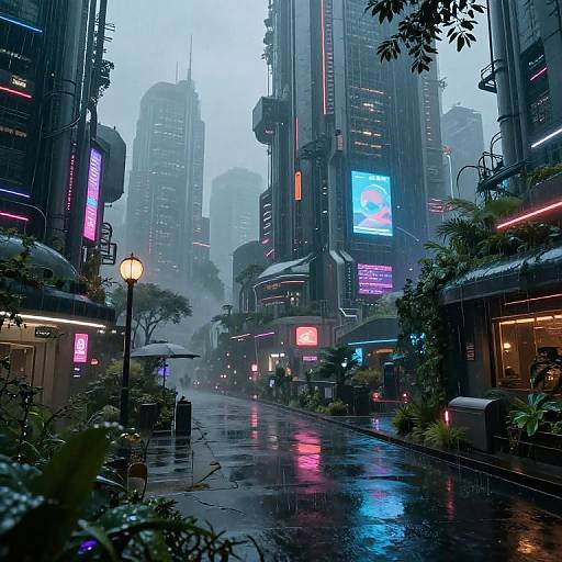 Futuristic city street at dusk, rain-soaked, neon-lit skyscrapers, misty atmosphere, reflective wet pavement, illuminated signs,