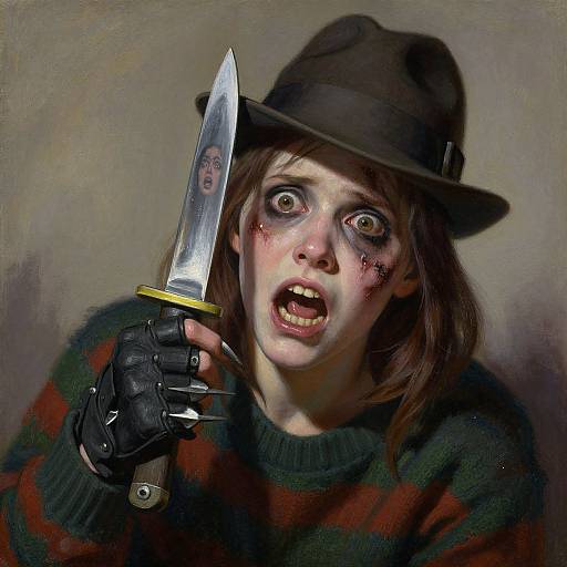 Digital painting of a frightened woman with blood on her face, wearing a brown hat, striped sweater, and black glove, holding a knife with a reflection