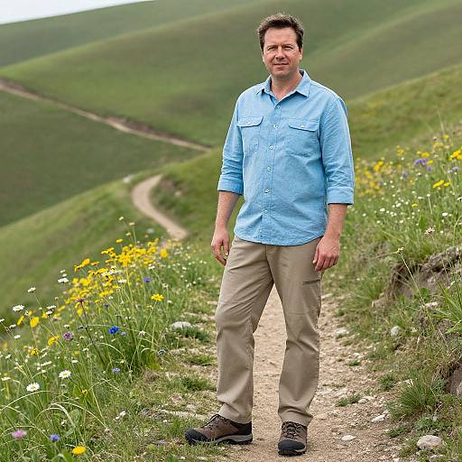 Photograph of a middle-aged man with short dark hair, wearing a light blue shirt, beige pants, and brown shoes, standing on a dirt path