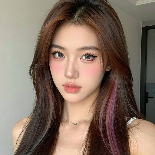 Photograph of an Asian woman with fair skin, long dark brown hair with pink highlights, wearing a white top, and a thin necklace, looking directly