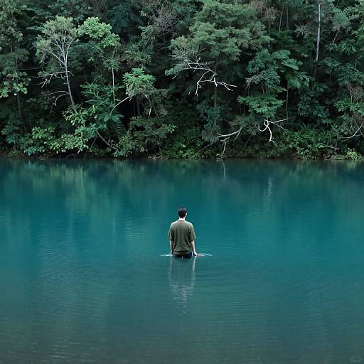Photograph of a solitary man in a green shirt standing waist-deep in a tranquil, turquoise lake, surrounded by dense, forested greenery.
