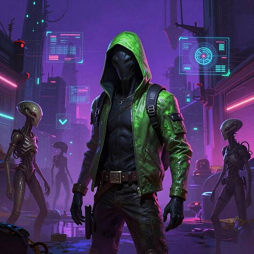 Cyberpunk cityscape: muscular, masked man with green hooded jacket, leather vest, holding gun, surrounded by alien-like creatures, neon lights