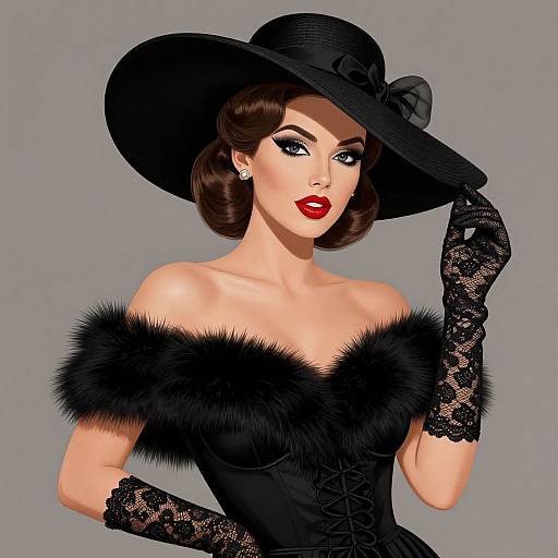 Digital illustration of a glamorous woman with fair skin, red lipstick, and blue eyes, wearing a black feathered off-shoulder dress, lace gloves