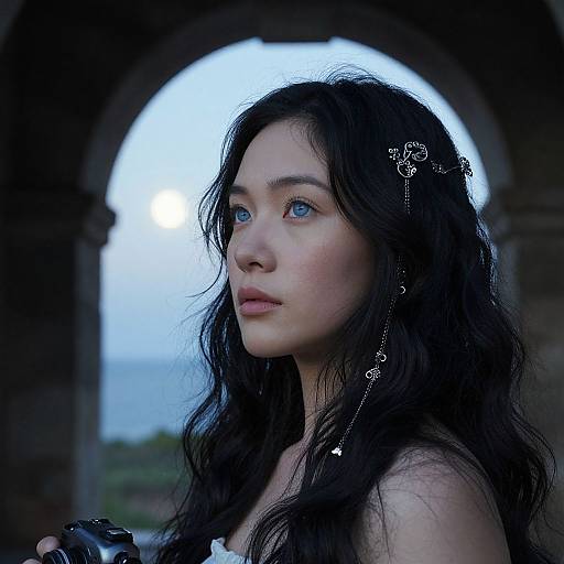 Photograph of a fair-skinned woman with long black hair, blue eyes, and delicate silver hair accessories, standing in a dark arched doorway with