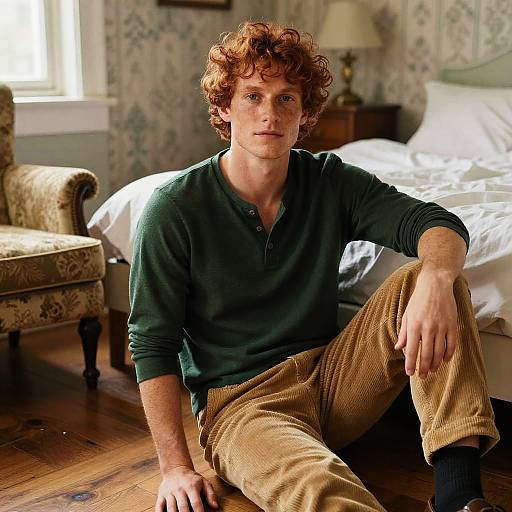 Photograph of a red-haired, curly-haired man with fair skin, wearing a dark green shirt and beige pants, sitting on wooden floor in a floral