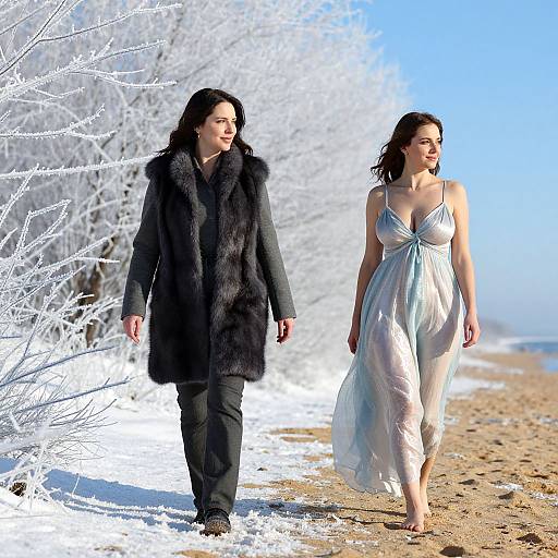 Photograph of two women walking on a snowy beach; one in a black fur coat, the other in a light blue, flowy dress, with