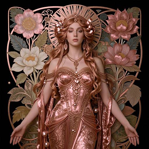 Digital art of a serene, fair-skinned woman with long, wavy red hair, wearing an intricate, gold-sequined dress, surrounded by