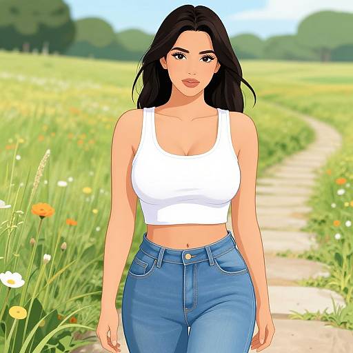 Digital anime-style drawing of a beautiful woman with long black hair, wearing a white crop top and blue jeans, standing on a sunny meadow path with