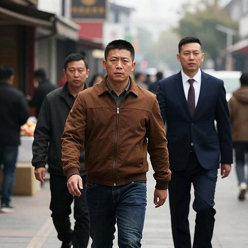 Three Men in a Bustling City Scene