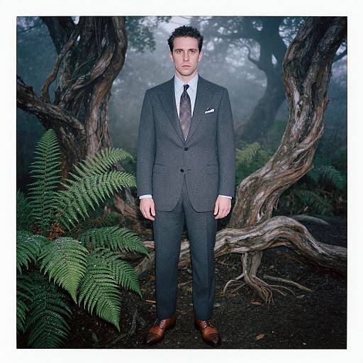 Man in Charcoal Suit Amid Misty Forest