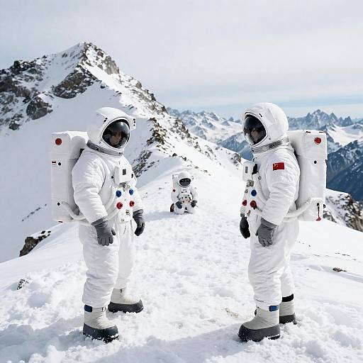Astronauts on a Snowy Mountain Ridge