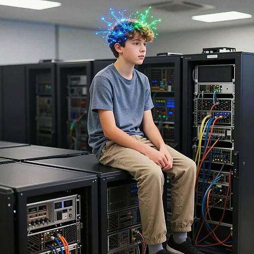 Teenager with Superintelligence Visualization in Server Room