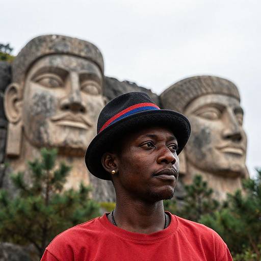 Contemplative Man Amidst Stone Faces