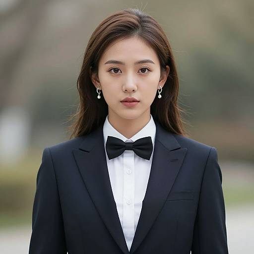 Photograph of an East Asian woman with straight brown hair, wearing a black tuxedo with bow tie, white shirt, and earrings, standing outdoors