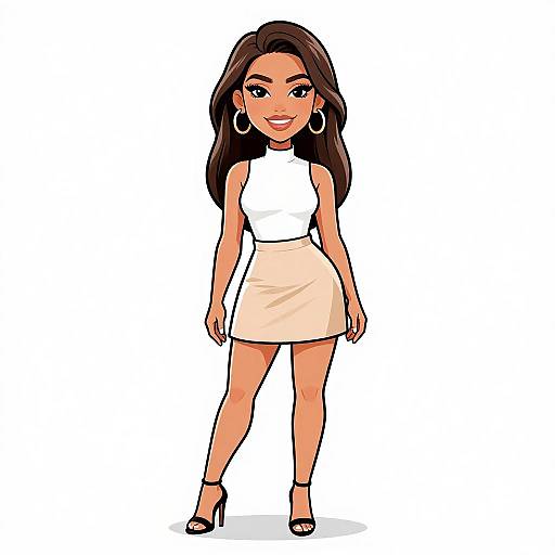 Digital illustration of a confident woman with long brown hair, wearing a white sleeveless top, beige mini-skirt, black high heels, and large hoop