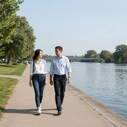Couple Walking Along River Embankment