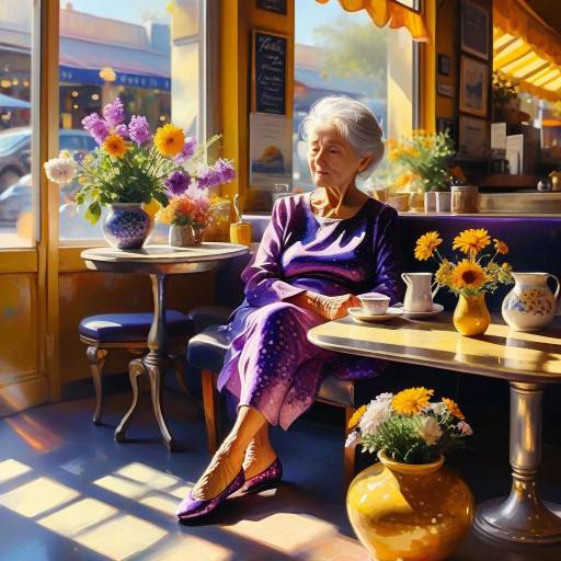Elegant Elderly Woman in Sunlit Café