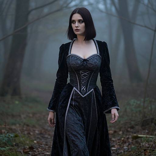 Photograph of a pale-skinned, dark-haired woman in a Gothic-style black dress with lace trim, standing in a foggy, forested path