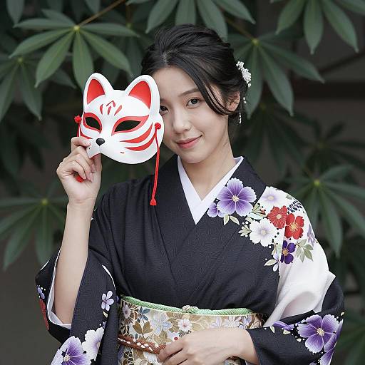 Elegant Asian Woman in Floral Kimono