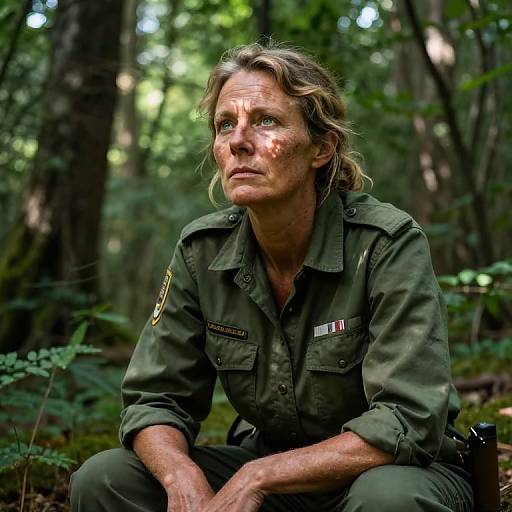 Photograph of a middle-aged woman with wavy blonde hair, green military uniform, and dirt on her face, sitting in a dense forest. She