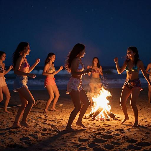 Photograph of six young women in bikinis dancing around a campfire on a sandy beach at night, illuminated by the fire's warm glow.