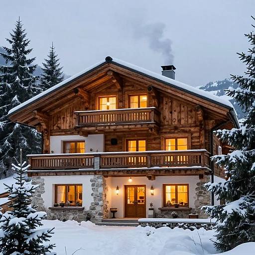 Photograph of a cozy, wood-and-stone chalet with warm yellow lights, two balconies, snow-covered roof, and surrounded by snow-l