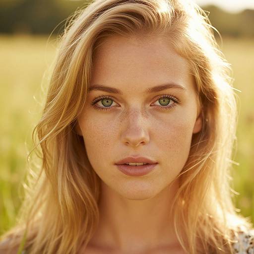 Close-up photograph of a young, fair-skinned woman with green eyes, light blonde hair, and freckles, standing in a sunlit field